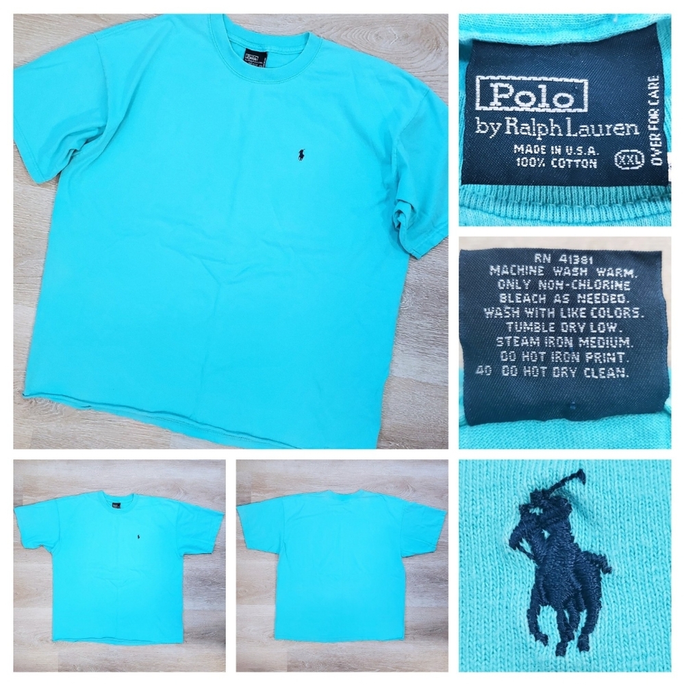 Vintage 90s Polo Ralph Lauren Crew Neck T-Shirt Made in USA Aqua Blue Men's XXL